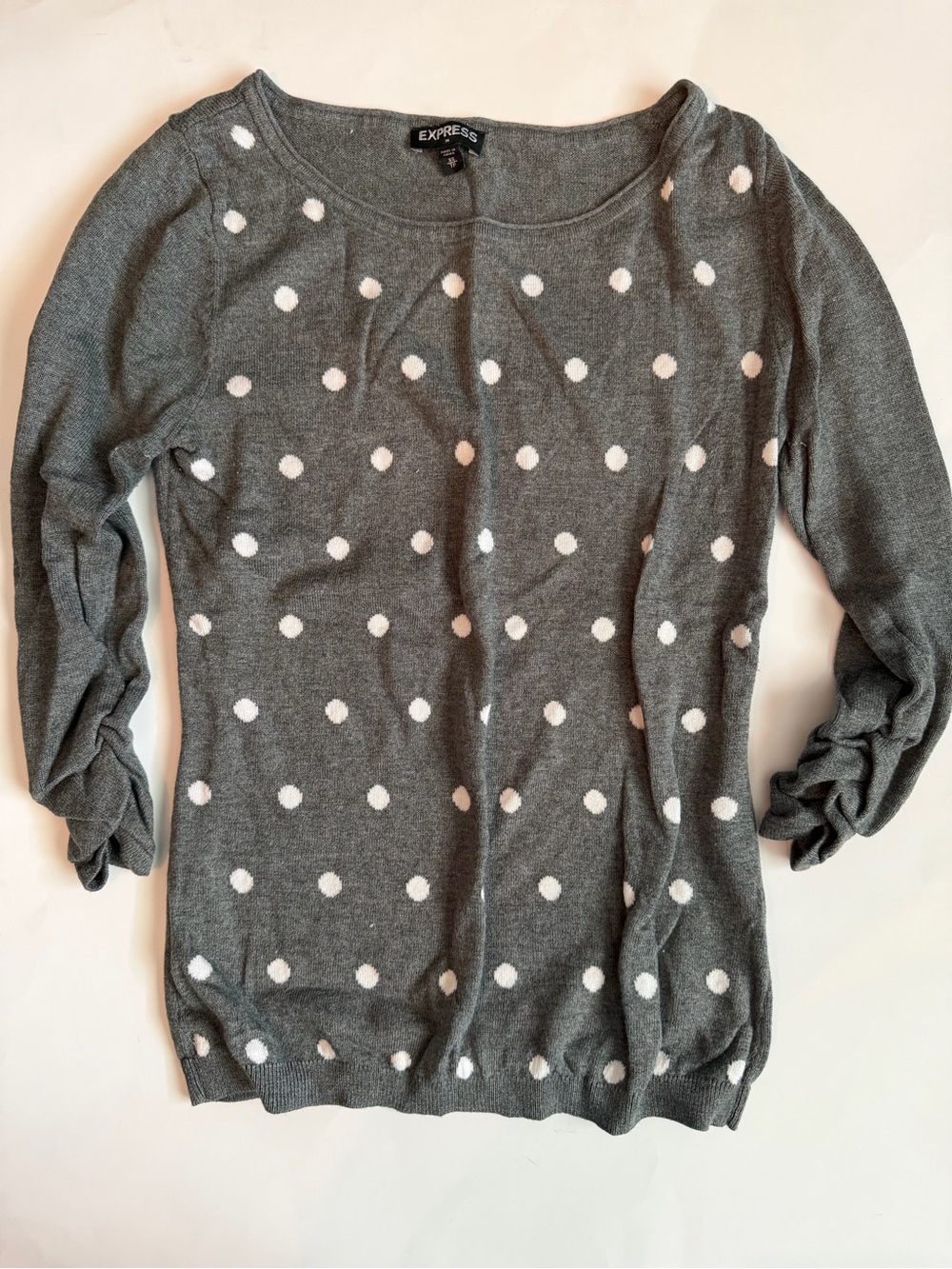 Express Gray Crewneck Sweater with White Polka Dots